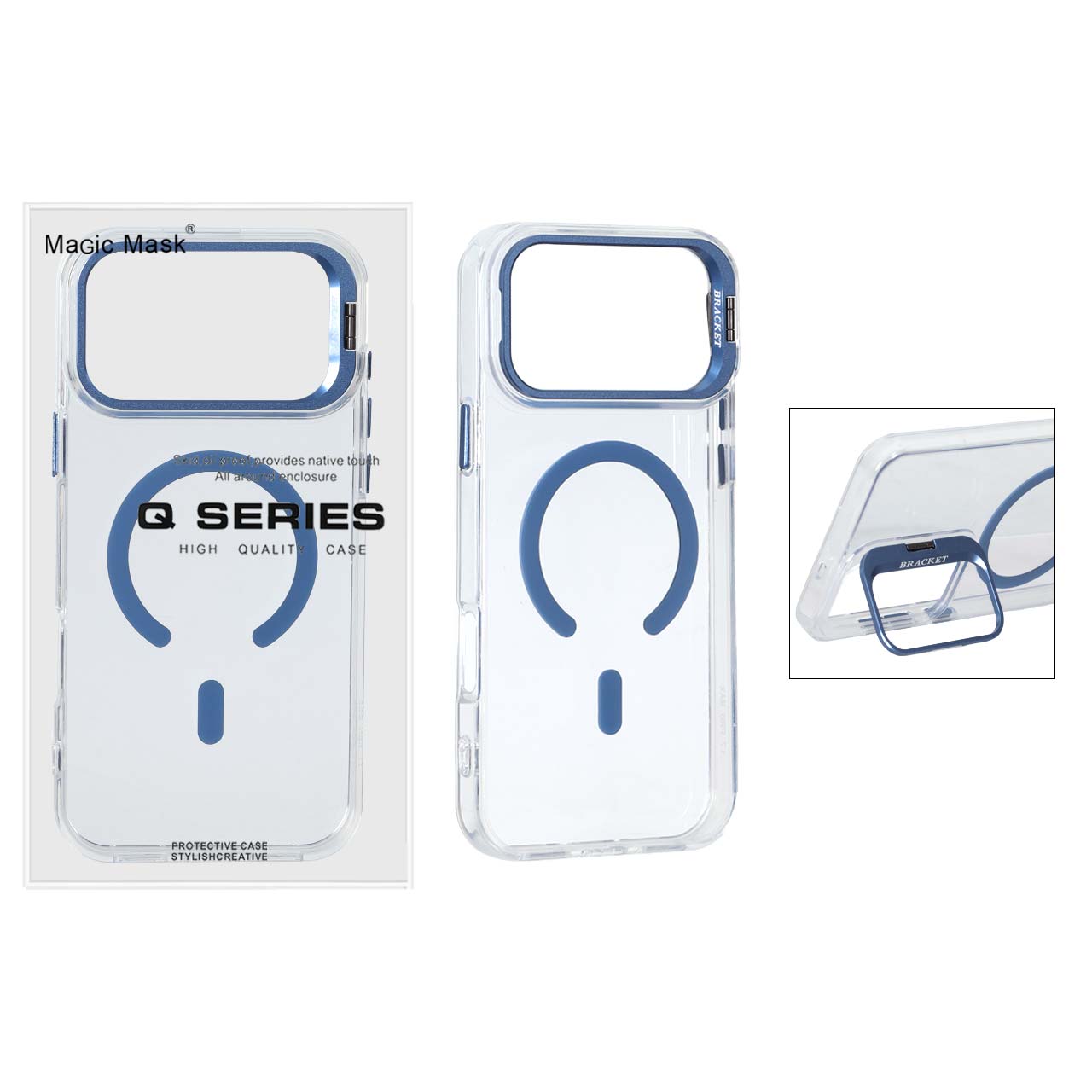 قاب اورجینال Q Series Bracket کریستالی Magsafe لنز استندشو Apple iPhone 17 Pro - آبی (پک دار)